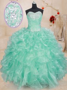 Noble Apple Green Lace Up Ball Gown Prom Dress Beading and Ruffles Sleeveless Floor Length