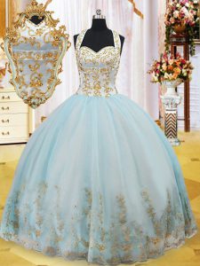 Low Price Halter Top Light Blue Organza Lace Up Quinceanera Gown Sleeveless Floor Length Appliques