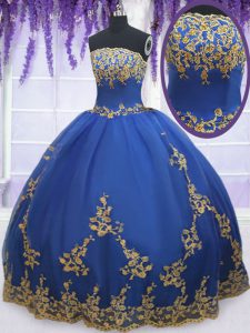 Floor Length Zipper Quince Ball Gowns Blue for Military Ball and Sweet 16 and Quinceanera with Appliques