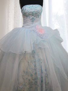 Eye-catching Light Blue Lace Up Quinceanera Gown Appliques and Hand Made Flower Sleeveless Floor Length