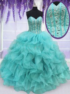 Aqua Blue Sleeveless Floor Length Beading and Ruffles Lace Up Sweet 16 Quinceanera Dress