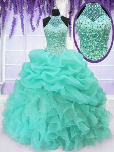 Pick Ups Ball Gowns Sweet 16 Quinceanera Dress Aqua Blue Halter Top Organza Sleeveless Floor Length Lace Up