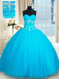 Best Selling Tulle Sweetheart Sleeveless Lace Up Beading Quinceanera Dresses in Baby Blue
