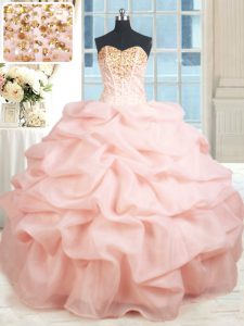 Cheap Sleeveless Organza Floor Length Lace Up Quinceanera Gowns in Baby Pink with Beading and Embroidery and Pick Ups