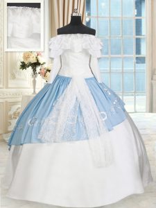 Glamorous Blue And White Off The Shoulder Neckline Lace and Bowknot Quinceanera Gowns Long Sleeves Lace Up