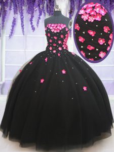 Black Ball Gowns Tulle Strapless Sleeveless Beading and Appliques Floor Length Lace Up Quinceanera Dresses