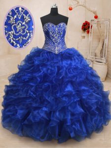 Royal Blue Lace Up 15th Birthday Dress Beading and Ruffles Sleeveless With Brush Train