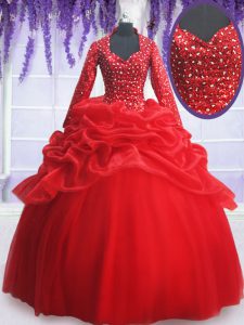 Long Sleeves Floor Length Beading and Sequins and Pick Ups Zipper Quinceanera Dresses with Red