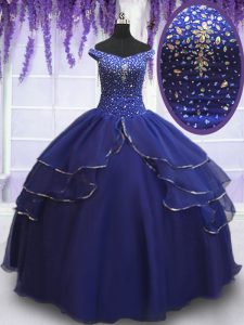 Dynamic Off the Shoulder Sequins Ruffled Royal Blue Sleeveless Organza Lace Up Vestidos de Quinceanera for Military Ball