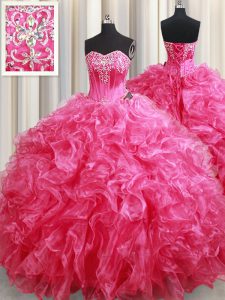 Popular Sweetheart Sleeveless Brush Train Lace Up Quince Ball Gowns Hot Pink Organza