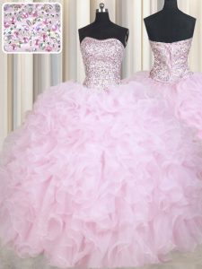 Baby Pink Sleeveless Floor Length Beading and Ruffles Lace Up Quince Ball Gowns