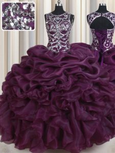 Pretty Scoop Dark Purple Ball Gowns Beading and Ruffles and Pick Ups Quince Ball Gowns Lace Up Organza Sleeveless Floor 
