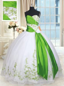 Glorious White and Green Sweetheart Lace Up Embroidery and Belt and Hand Made Flower Sweet 16 Dress Sleeveless