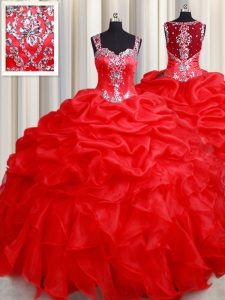 Elegant Straps Floor Length Zipper Sweet 16 Dress Red for Military Ball and Sweet 16 and Quinceanera with Beading and Ru