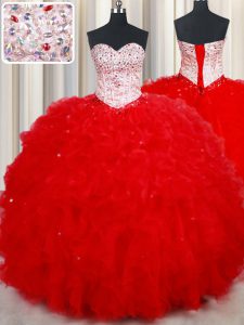 Lovely Ball Gowns 15th Birthday Dress Red Sweetheart Tulle Sleeveless Floor Length Lace Up