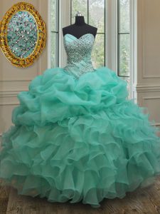 Delicate Apple Green Lace Up Sweetheart Beading and Ruffles and Pick Ups 15 Quinceanera Dress Organza Sleeveless