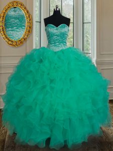Eye-catching Turquoise Lace Up Sweet 16 Quinceanera Dress Beading and Ruffles Sleeveless Floor Length