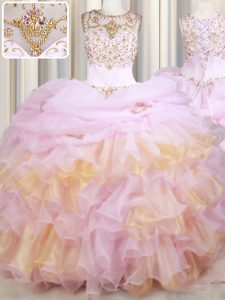 Admirable Pink Scoop Lace Up Beading and Ruffles and Pick Ups 15th Birthday Dress Court Train Sleeveless
