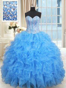 Floor Length Baby Blue Vestidos de Quinceanera Satin and Organza Sleeveless Beading and Ruffles and Ruffled Layers
