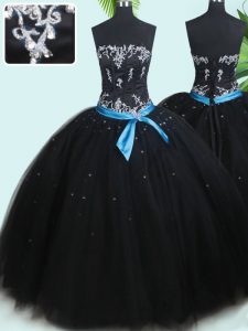 Black Strapless Neckline Beading and Belt Quinceanera Dresses Sleeveless Lace Up