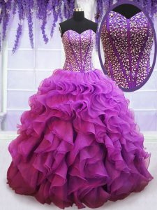 Floor Length Eggplant Purple Quinceanera Gowns Organza Sleeveless Beading and Ruffles