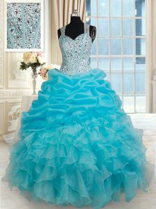 Exquisite Straps Sleeveless Zipper Floor Length Beading and Ruffles and Pick Ups 15th Birthday Dress