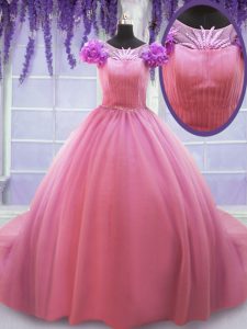 Stunning Rose Pink Lace Up Scoop Beading and Hand Made Flower Quinceanera Dress Tulle Cap Sleeves Court Train