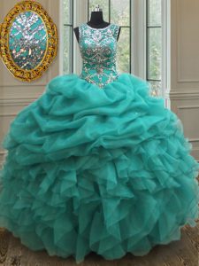 Beautiful See Through Scoop Sleeveless Quinceanera Gowns Floor Length Beading and Ruffles and Pick Ups Turquoise Organza