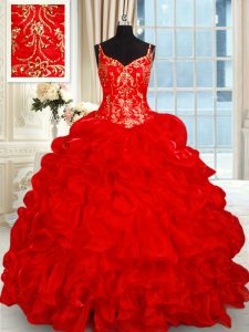 New Style Red Spaghetti Straps Neckline Beading and Ruffles and Pick Ups 15th Birthday Dress Sleeveless Lace Up