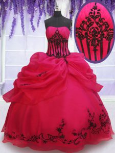 Coral Red Sleeveless Embroidery and Pick Ups Floor Length Quinceanera Dress