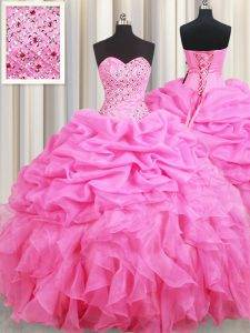 Wonderful Pick Ups Rose Pink Sleeveless Organza Lace Up Quince Ball Gowns for Military Ball and Sweet 16 and Quinceanera
