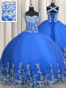 Adorable Blue Ball Gowns Tulle Straps Sleeveless Beading and Appliques Floor Length Lace Up Sweet 16 Dresses