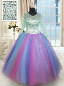 Excellent Multi-color Scoop Neckline Beading Quinceanera Dress Long Sleeves Lace Up
