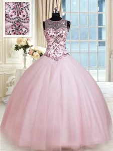 Scoop Sleeveless Tulle Floor Length Lace Up Sweet 16 Dresses in Baby Pink with Beading