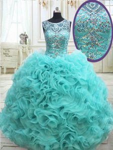 Flare Scoop See Through Fabric with Rolling Flowers Sleeveless Floor Length Beading Lace Up Quinceanera Gown with Aqua B