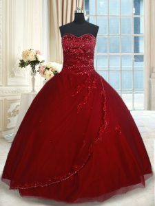 Beading and Appliques Quince Ball Gowns Wine Red Lace Up Sleeveless Floor Length