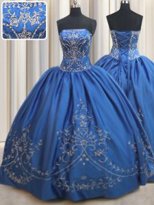 Decent Royal Blue Strapless Lace Up Beading and Embroidery Sweet 16 Dresses Sleeveless