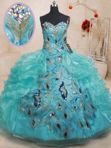 Custom Design Sweetheart Sleeveless Sweet 16 Dresses Floor Length Beading and Embroidery and Ruffles Teal Organza