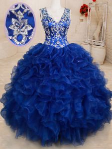 Ball Gowns Quinceanera Gowns Royal Blue V-neck Organza Sleeveless Floor Length Backless