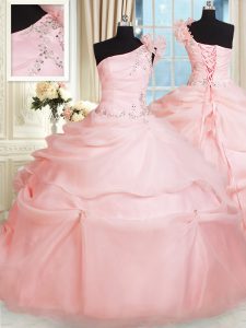 One Shoulder Sleeveless Organza Quince Ball Gowns Beading and Hand Made Flower Lace Up