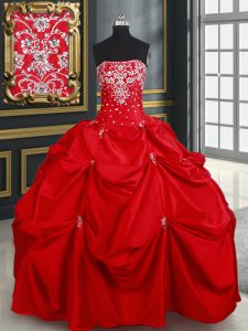 Glorious Red Sleeveless Floor Length Beading and Pick Ups Lace Up Quince Ball Gowns