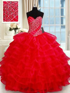 Great Red Sleeveless Floor Length Beading and Ruffled Layers Lace Up 15th Birthday Dress