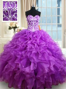 Glamorous Eggplant Purple Ball Gowns Organza Sweetheart Sleeveless Beading and Ruffles Floor Length Lace Up Ball Gown Pr