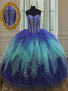 Smart Floor Length Ball Gowns Sleeveless Royal Blue and Aqua Blue Vestidos de Quinceanera Lace Up