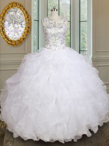 White Lace Up Scoop Beading and Ruffles Quinceanera Gown Organza Sleeveless