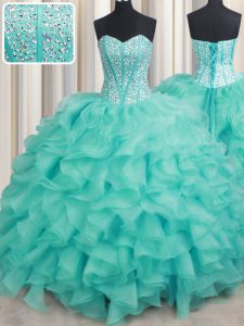 Turquoise Sleeveless Beading and Ruffles 15th Birthday Dress