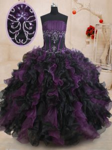 Black And Purple Organza Lace Up Sweet 16 Dress Sleeveless Floor Length Beading and Ruffles