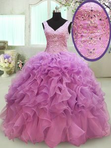 Deluxe Floor Length Ball Gowns Sleeveless Lilac Quinceanera Gown Lace Up