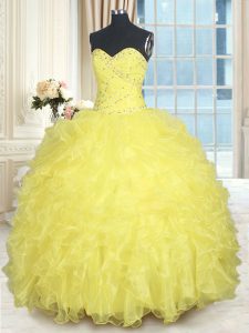 Yellow Ball Gowns Beading and Ruffles Sweet 16 Dress Lace Up Organza Sleeveless Floor Length
