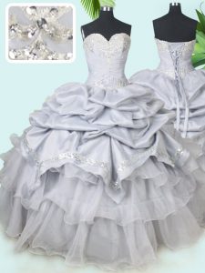 Perfect Grey Ball Gowns Beading and Sequins and Pick Ups Quinceanera Gowns Lace Up Organza and Taffeta Sleeveless Floor 